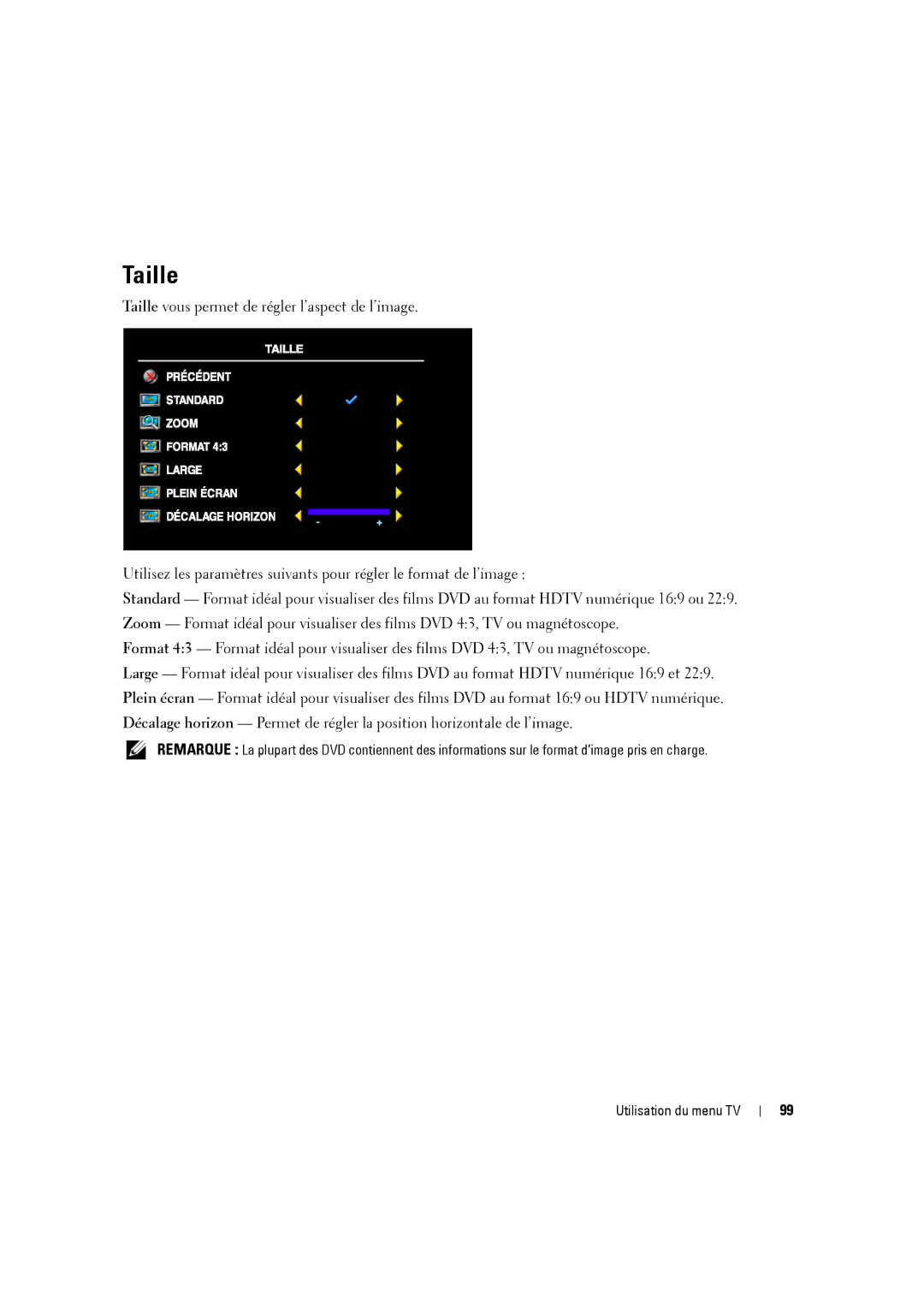 Dell W3707C owner manual Taille 