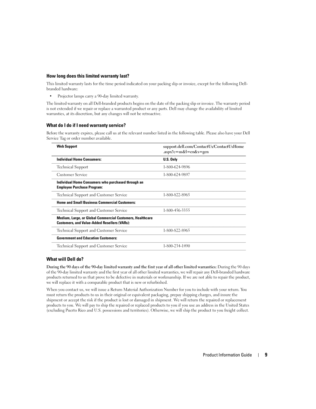 Dell W4200 manual How long does this limited warranty last?, What do I do if I need warranty service?, What will Dell do? 