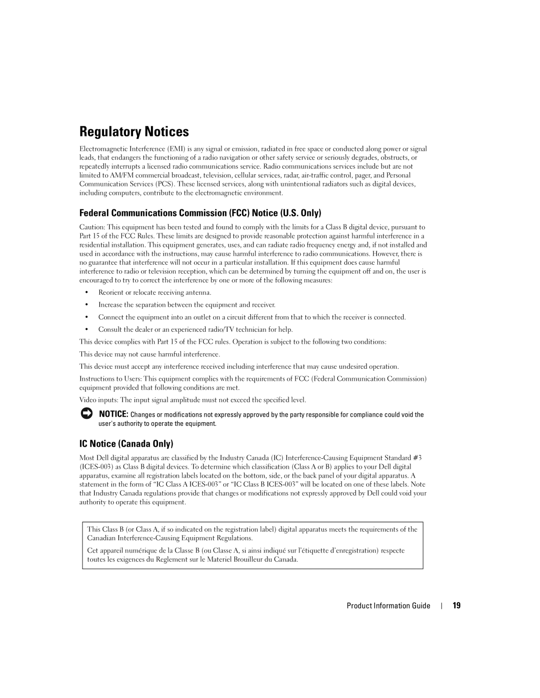 Dell W4200 manual Regulatory Notices, Federal Communications Commission FCC Notice U.S. Only, IC Notice Canada Only 