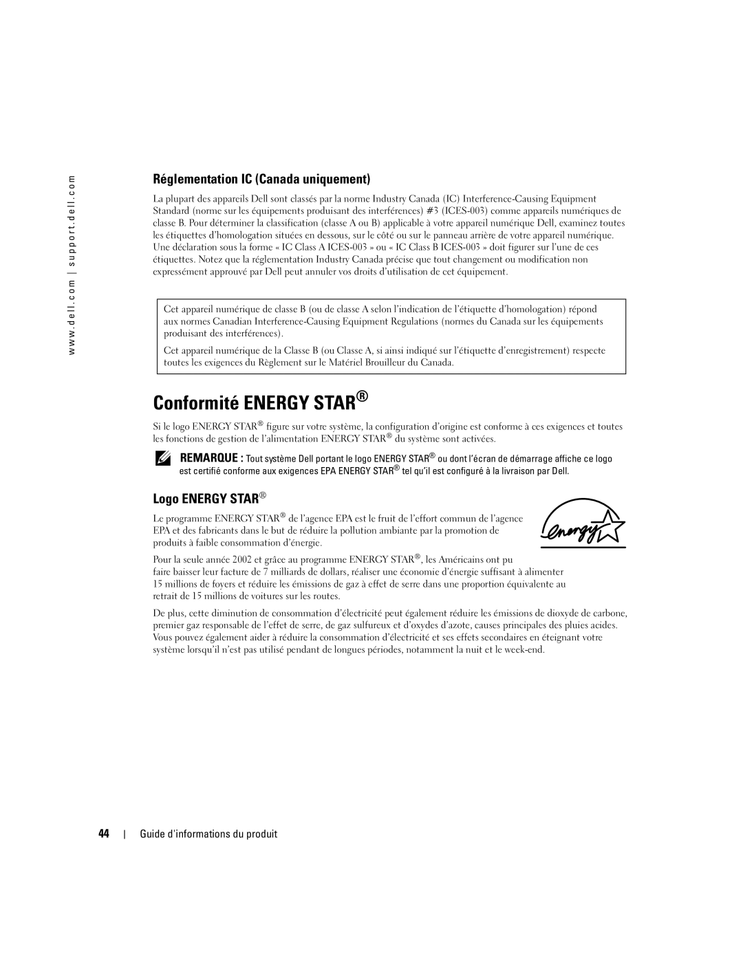 Dell W4200 manual Conformité Energy Star, Réglementation IC Canada uniquement, Logo Energy Star 