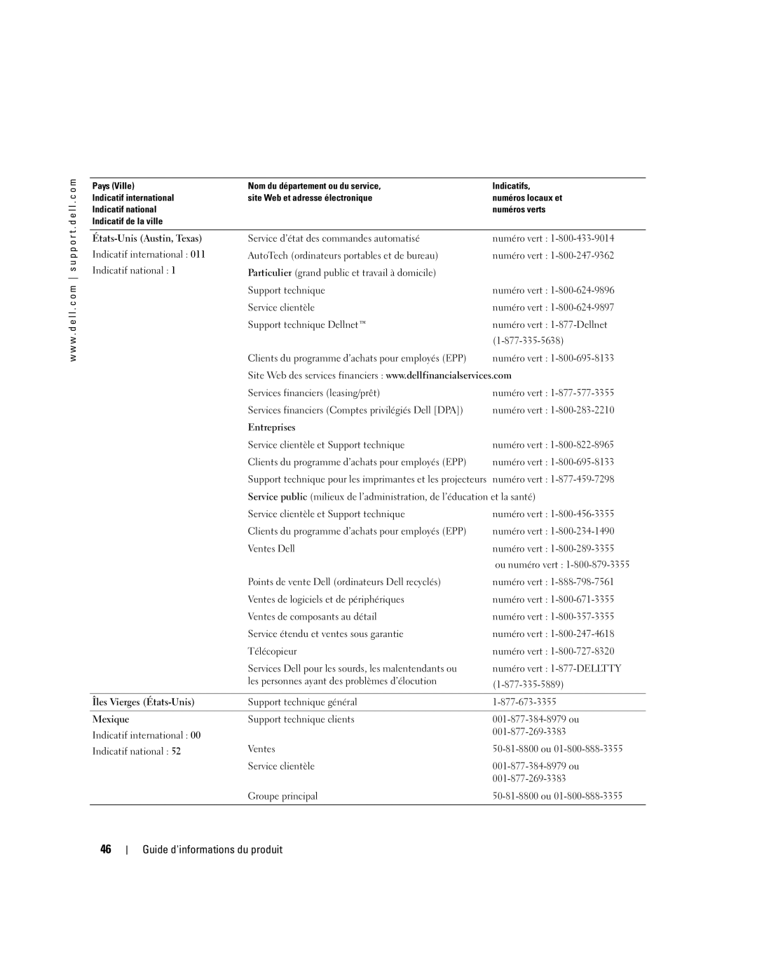 Dell W4200 manual États-Unis Austin, Texas, Entreprises, Îles Vierges États-Unis, Mexique 