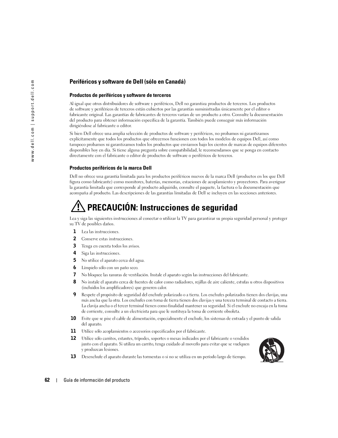 Dell W4200 manual Precaución Instrucciones de seguridad, Periféricos y software de Dell sólo en Canadá 