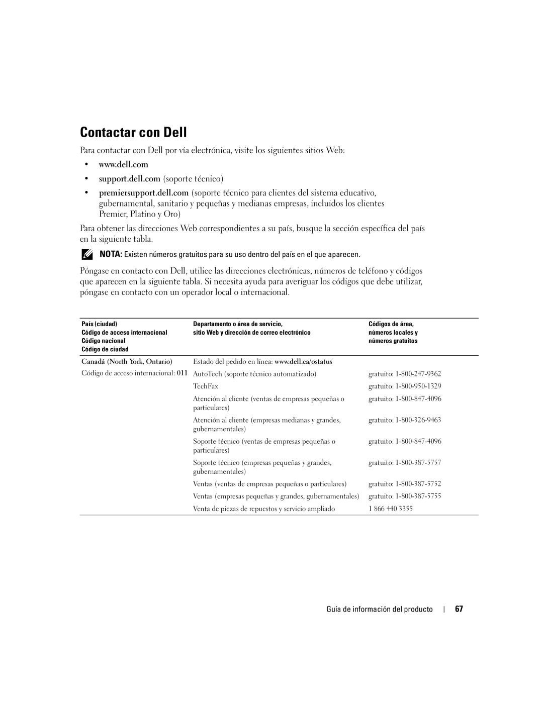 Dell W4200 manual Contactar con Dell, Canadá North York, Ontario 