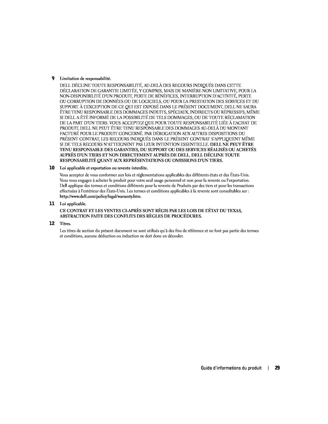 Dell W4200 manual Limitation de responsabilité 