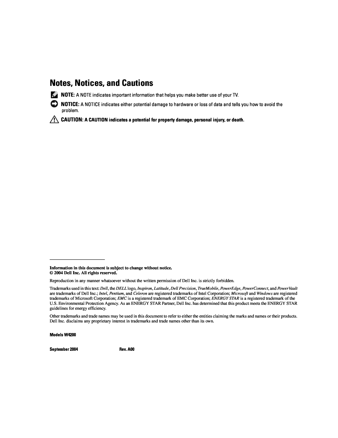 Dell manual Notes, Notices, and Cautions, Models W4200, September 
