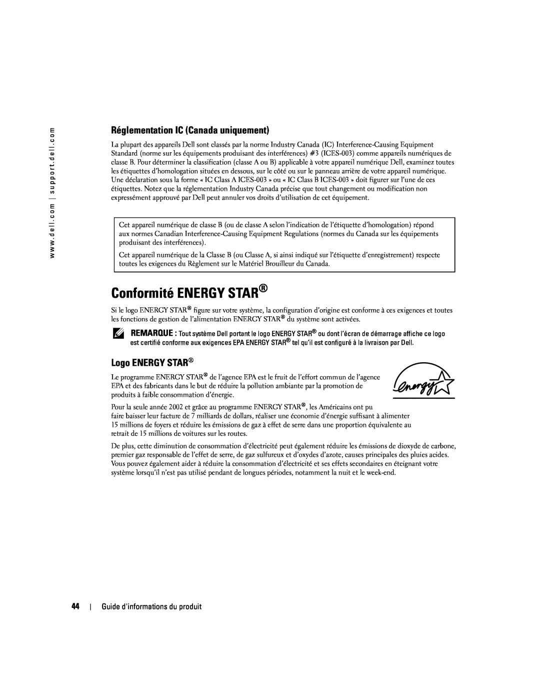 Dell W4200 manual Conformité ENERGY STAR, Réglementation IC Canada uniquement, Logo ENERGY STAR 