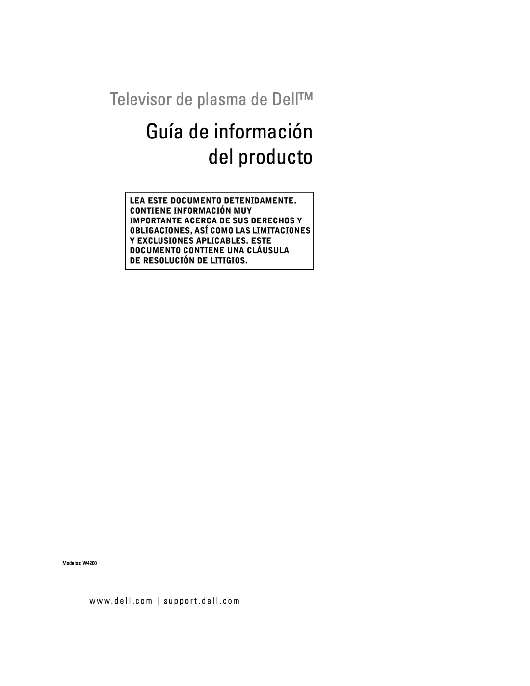 Dell manual Televisor de plasma de Dell, Lea Este Documento Detenidamente Contiene Información Muy, Modelos W4200 