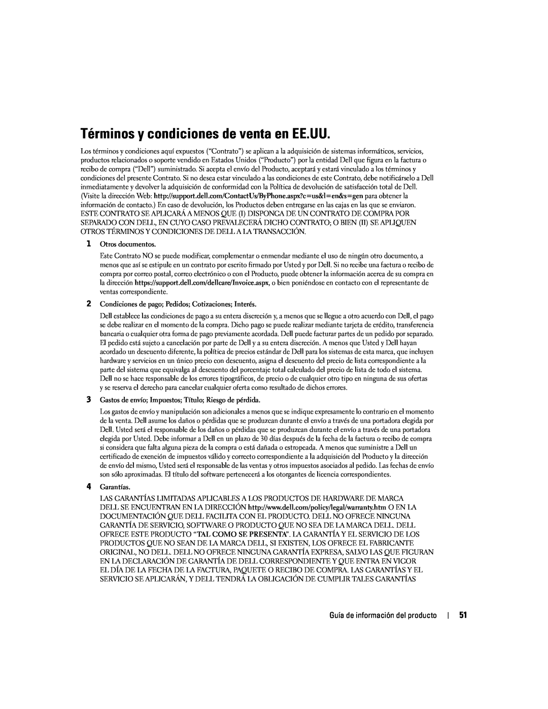 Dell W4200 Términos y condiciones de venta en EE.UU, Otros documentos, Condiciones de pago Pedidos Cotizaciones Interés 