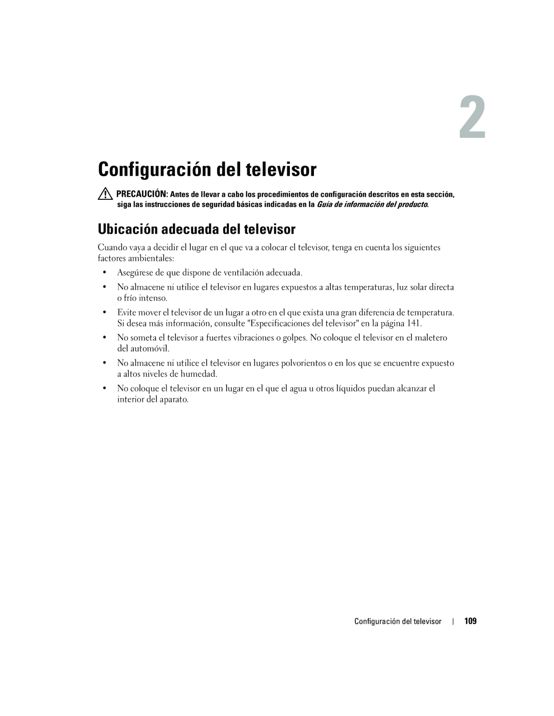 Dell W4200ED, W4200HD owner manual Configuración del televisor, Ubicación adecuada del televisor, 109 