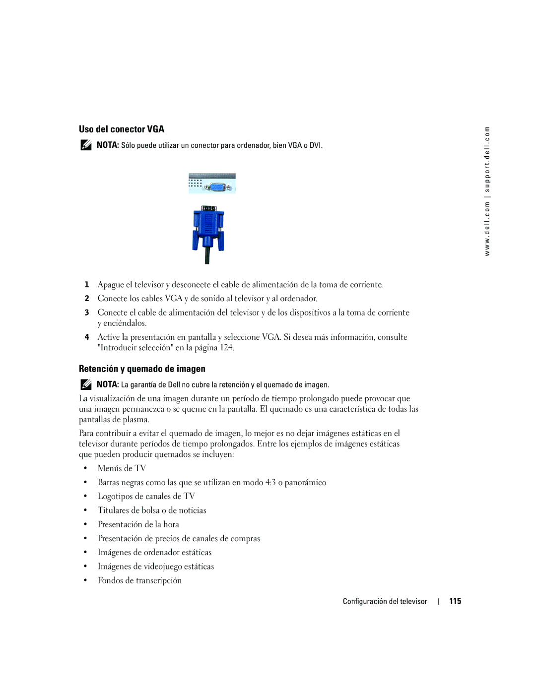 Dell W4200ED, W4200HD owner manual Uso del conector VGA, Retención y quemado de imagen, 115 