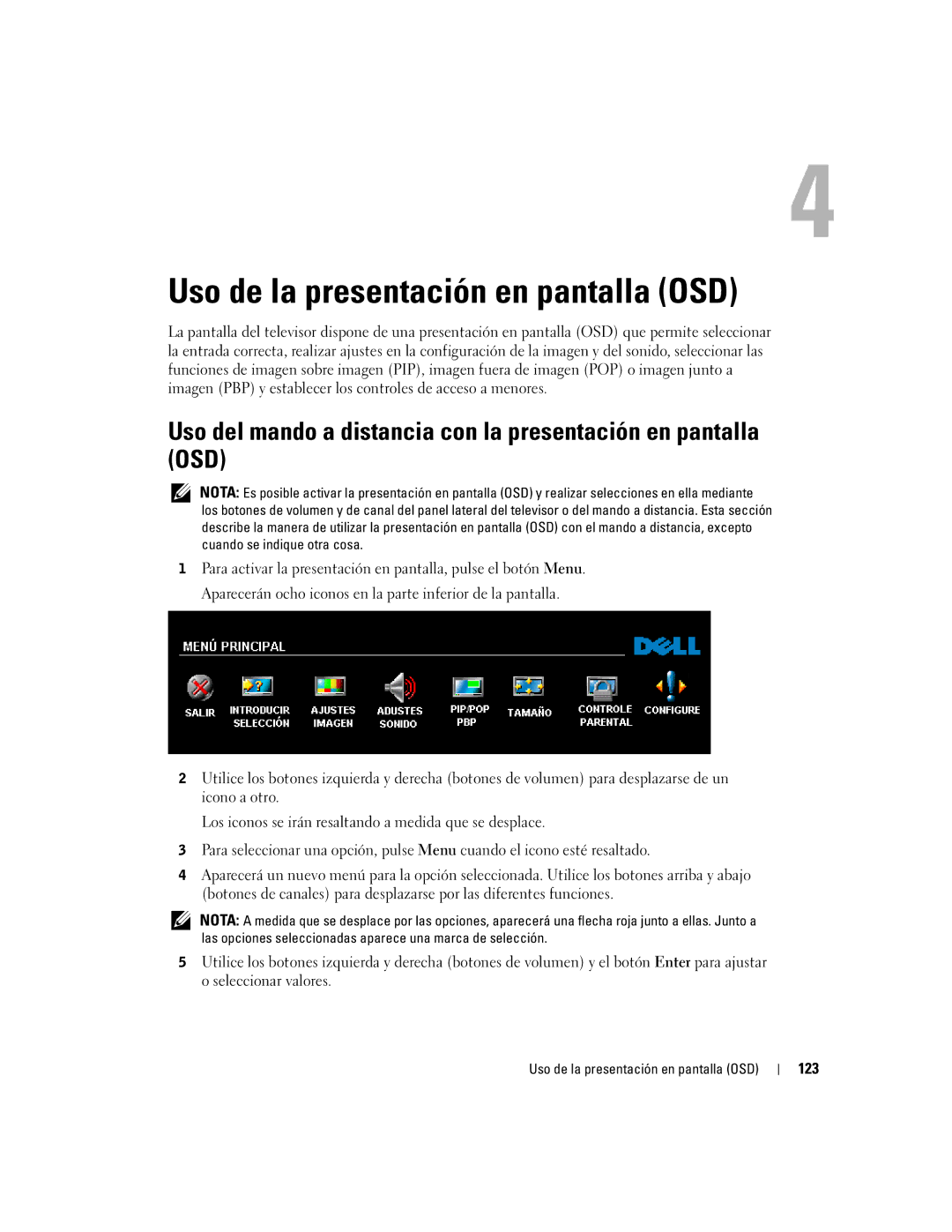 Dell W4200ED, W4200HD owner manual Uso de la presentación en pantalla OSD, 123 