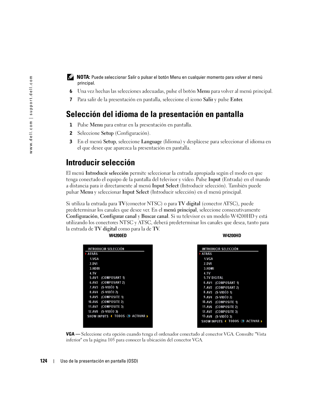 Dell W4200HD, W4200ED owner manual Selección del idioma de la presentación en pantalla, Introducir selección, 124 