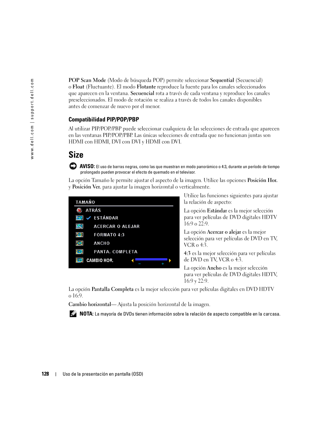 Dell W4200HD, W4200ED owner manual Compatibilidad PIP/POP/PBP, 128 