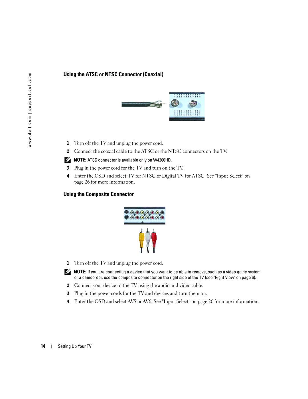 Dell W4200HD, W4200ED owner manual Using the Atsc or Ntsc Connector Coaxial, Using the Composite Connector 