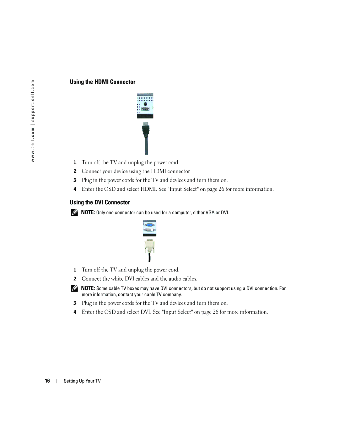 Dell W4200HD, W4200ED owner manual Using the Hdmi Connector, Using the DVI Connector 