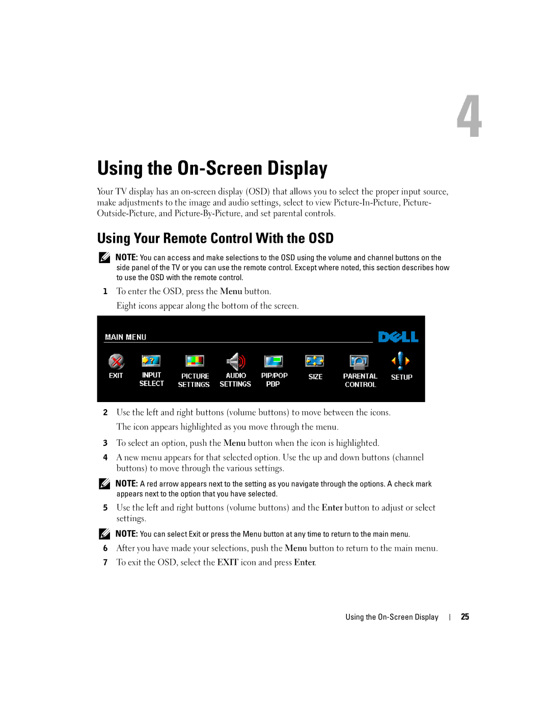 Dell W4200ED, W4200HD owner manual Using the On-Screen Display, Using Your Remote Control With the OSD 