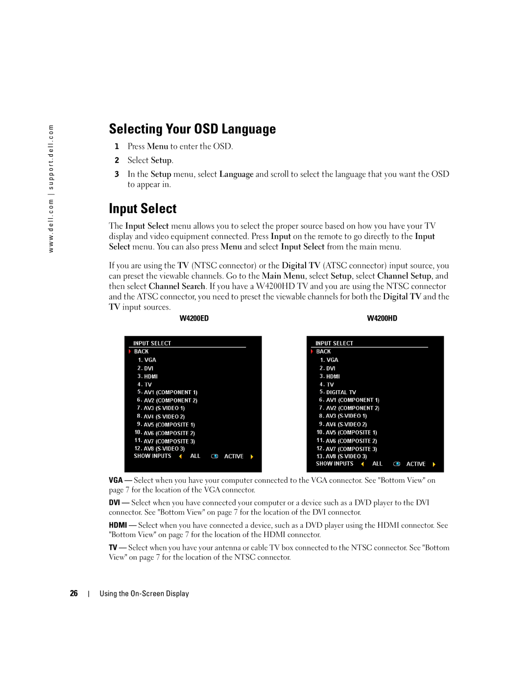 Dell W4200HD owner manual Selecting Your OSD Language, Input Select, W4200ED 