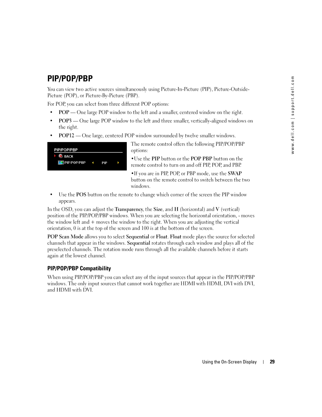 Dell W4200ED, W4200HD owner manual Pip/Pop/Pbp, PIP/POP/PBP Compatibility 