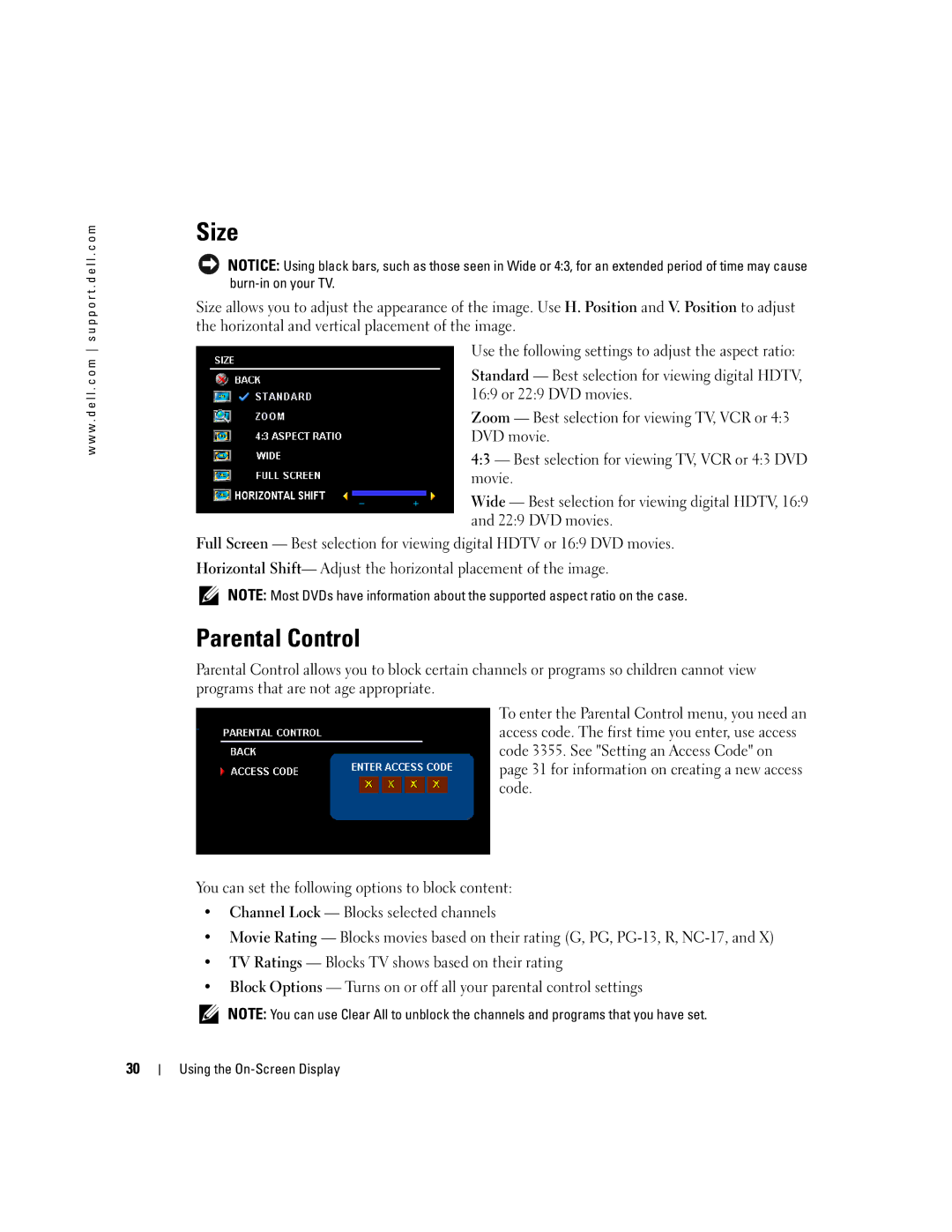 Dell W4200HD, W4200ED owner manual Size, Parental Control 