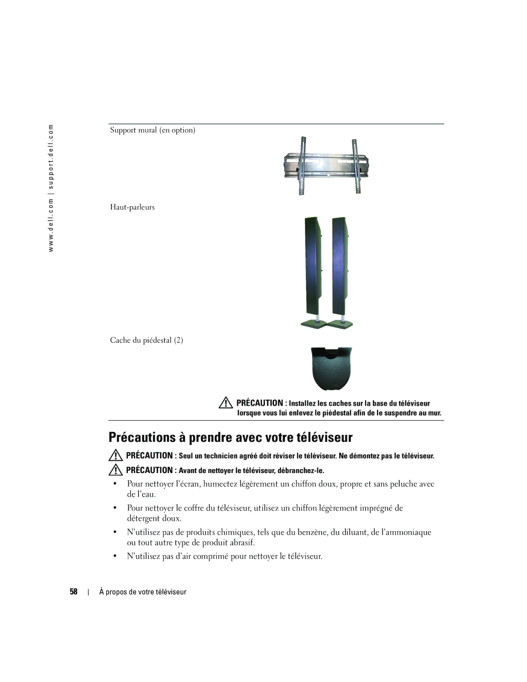 Dell W4200HD Précautions à prendre avec votre téléviseur, Support mural en option Haut-parleurs Cache du piédestal 