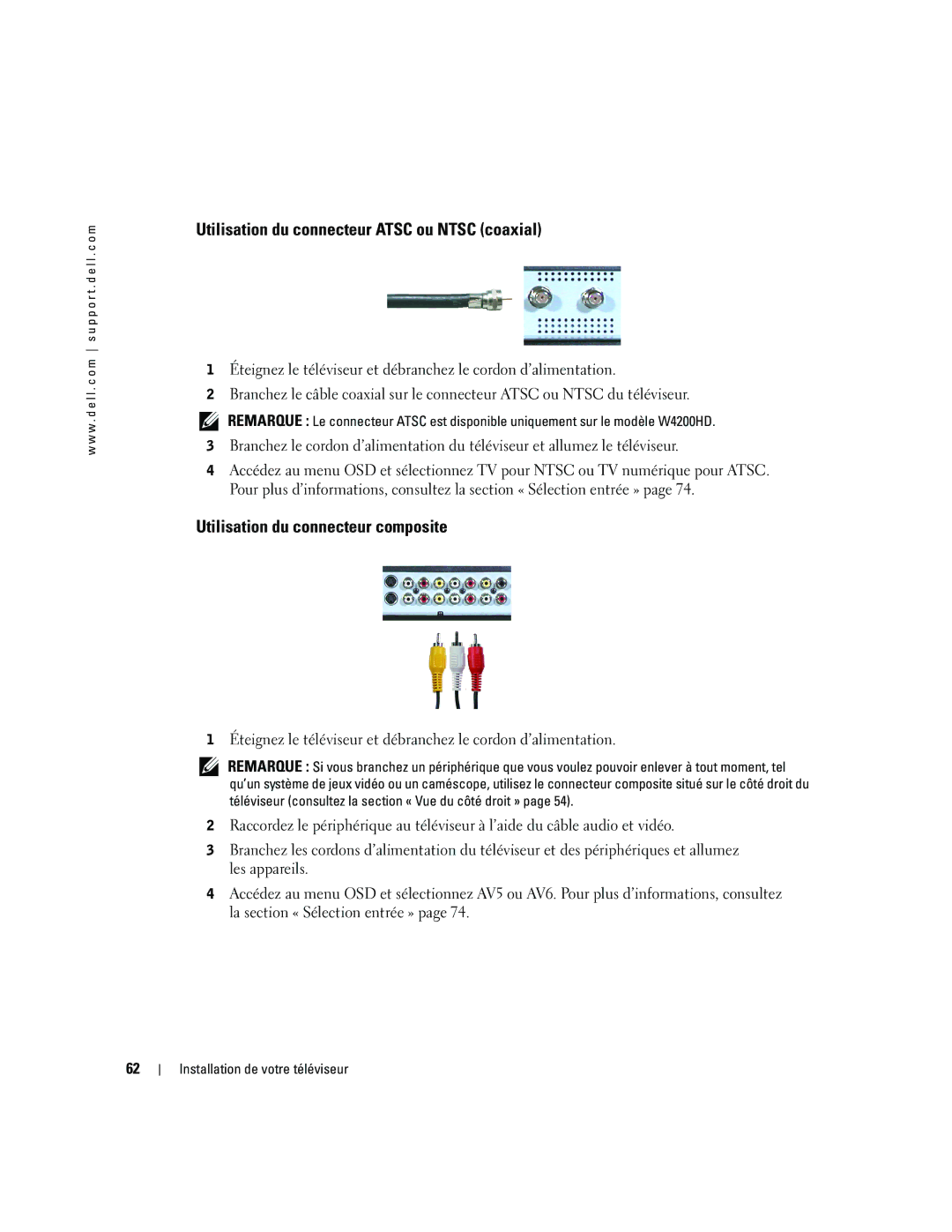 Dell W4200HD, W4200ED owner manual Utilisation du connecteur Atsc ou Ntsc coaxial, Utilisation du connecteur composite 