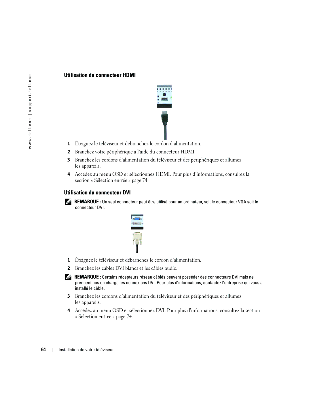 Dell W4200HD, W4200ED owner manual Utilisation du connecteur Hdmi, Utilisation du connecteur DVI 