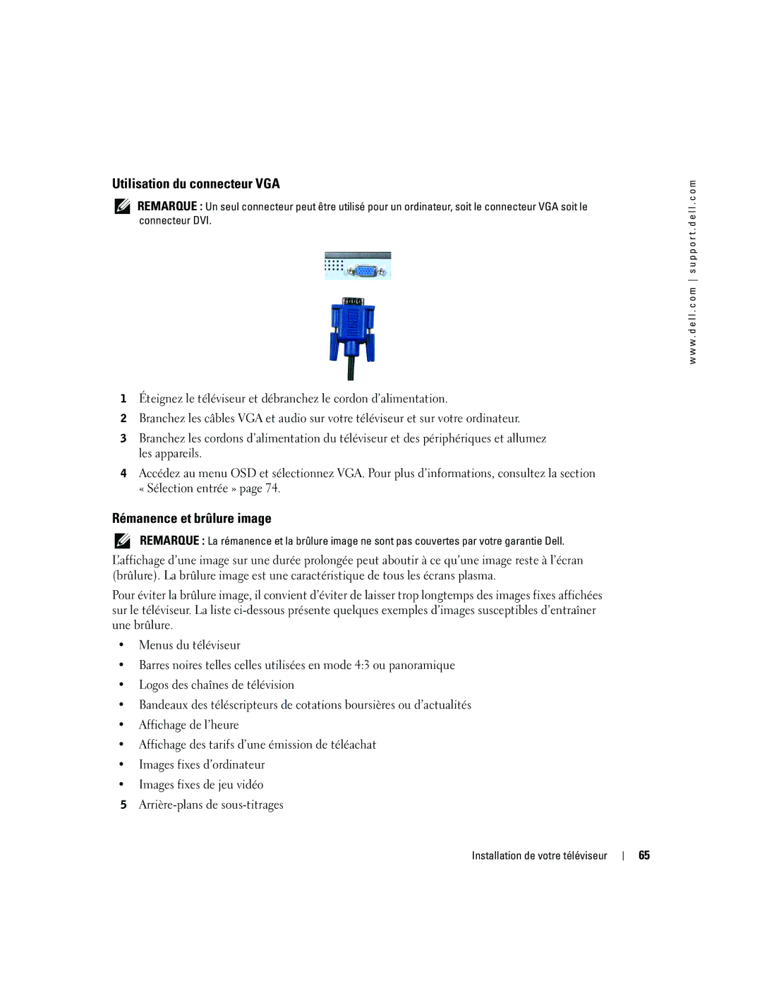 Dell W4200ED, W4200HD owner manual Utilisation du connecteur VGA, Rémanence et brûlure image 