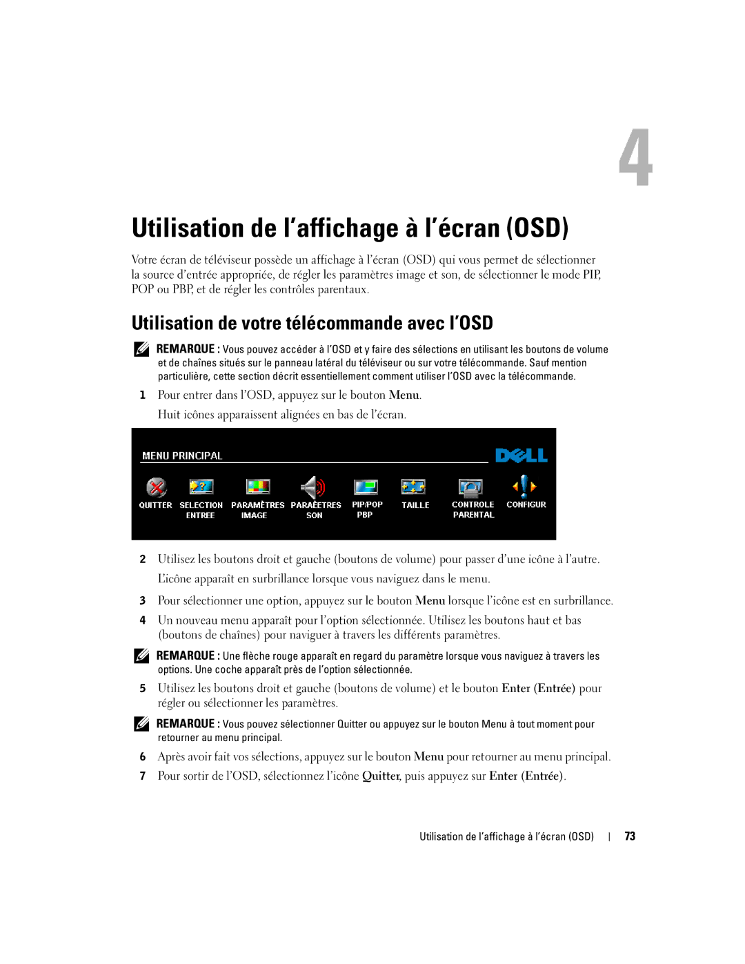 Dell W4200ED, W4200HD owner manual Utilisation de l’affichage à l’écran OSD, Utilisation de votre télécommande avec l’OSD 