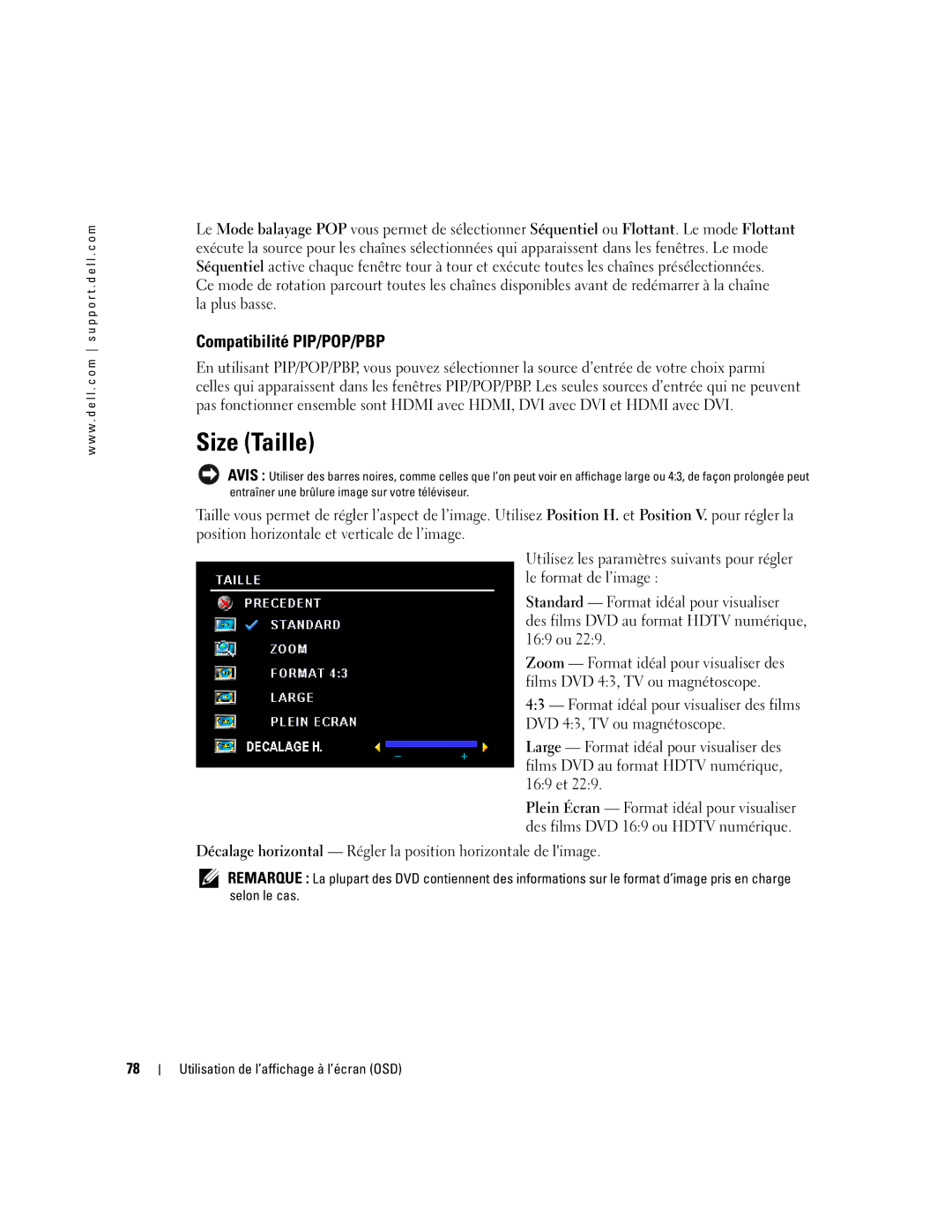 Dell W4200HD, W4200ED owner manual Size Taille, Compatibilité PIP/POP/PBP 