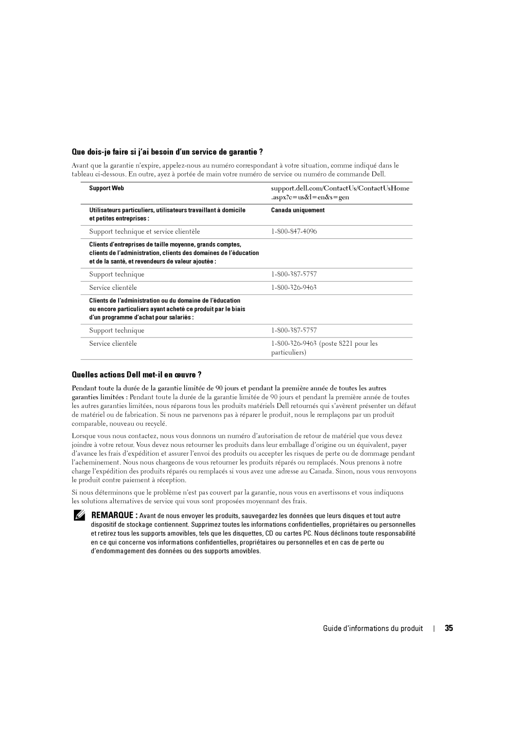 Dell W5001C, W4201C, W3201C manual Canada uniquement 