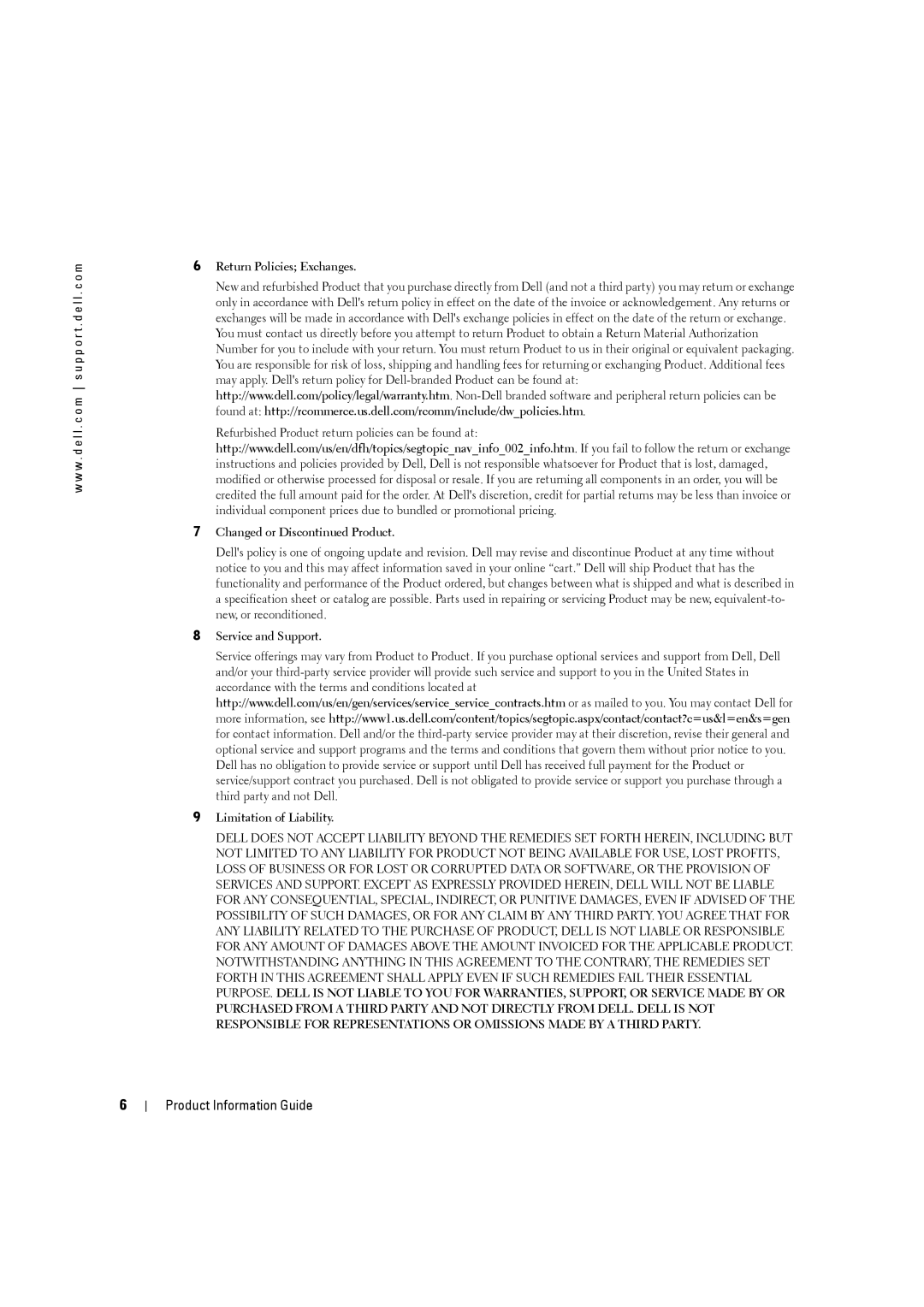 Dell W4201C, W3201C, W5001C Return Policies Exchanges, Changed or Dis Product, Service and Support Limitation of Liability 