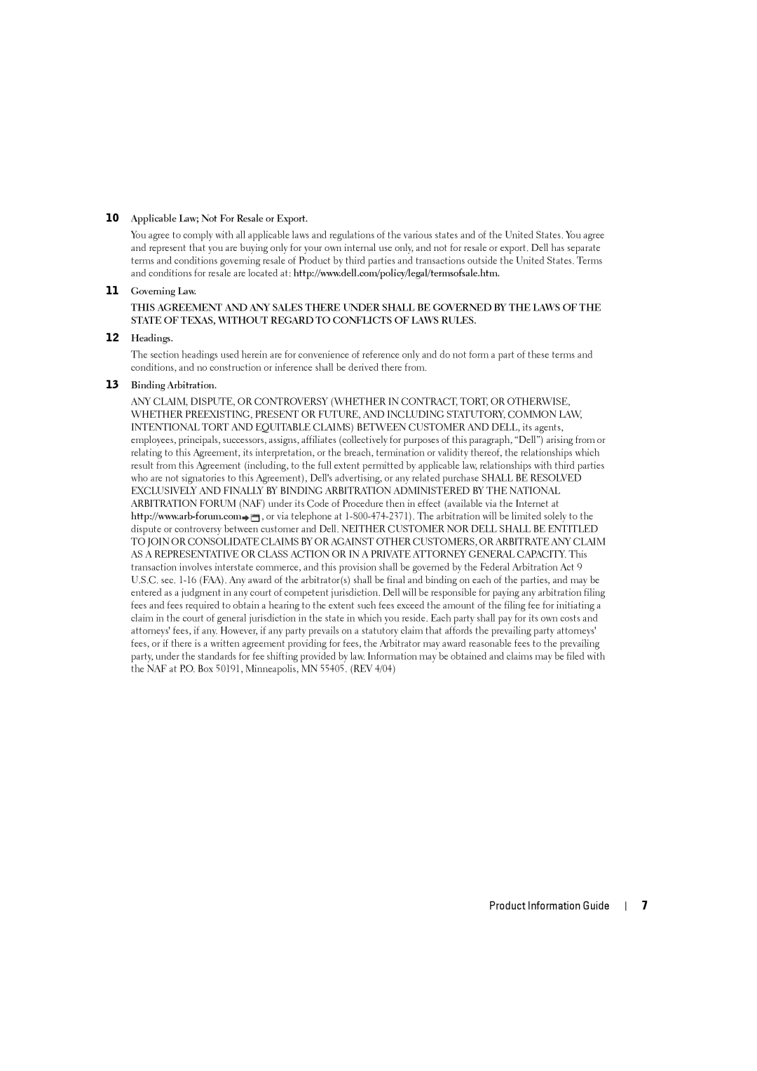 Dell W3201C, W4201C, W5001C manual Applicable Law Not For Resale or Export Governing Law, Headings, Binding Arbitration 