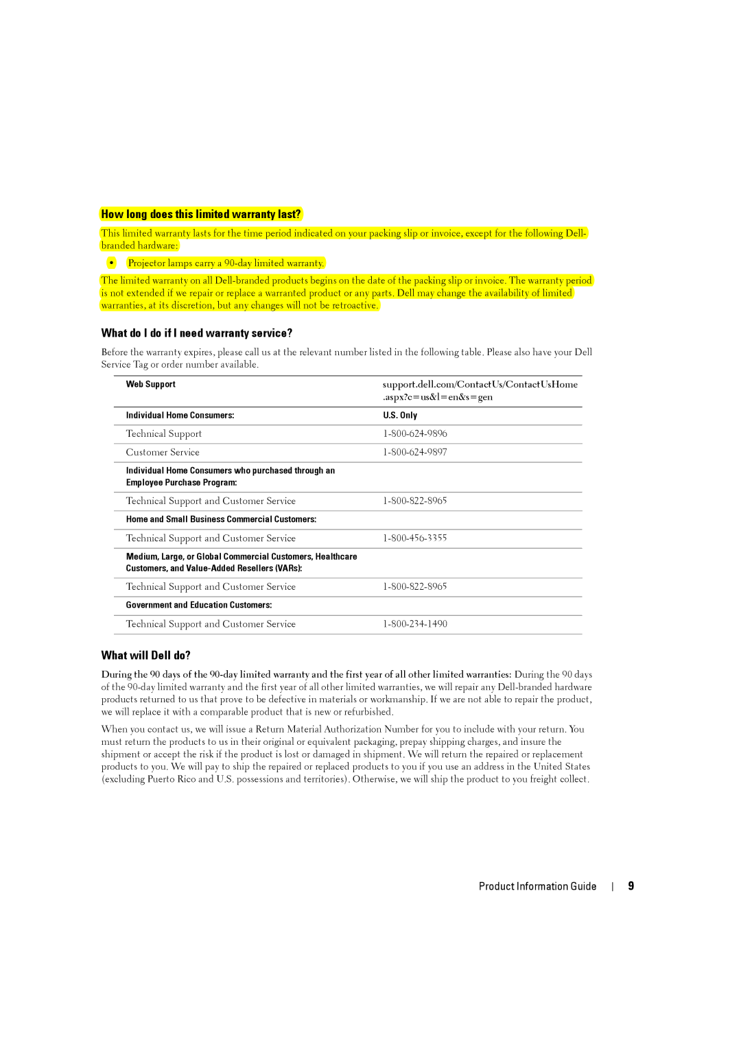 Dell W4201C manual How long does this limited warranty last?, What do I do if I need warranty service?, What will Dell do? 