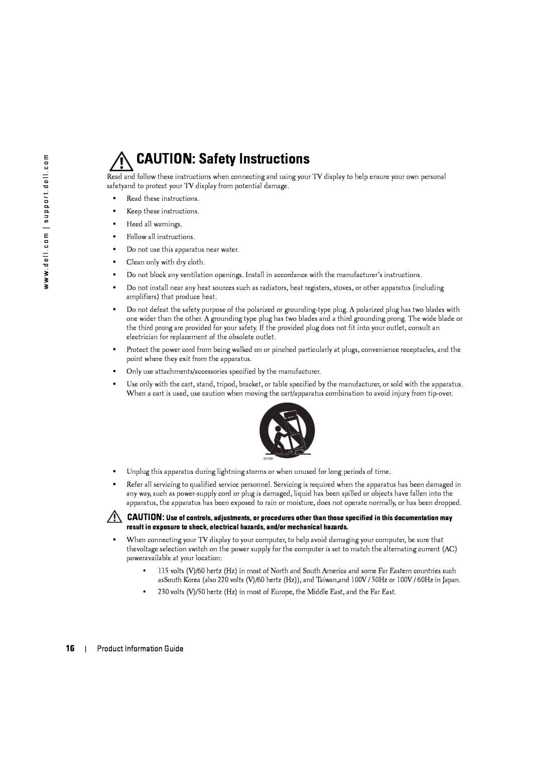 Dell W3201C, W4201C, W5001C manual CAUTION Safety Instructions, Product Information Guide 