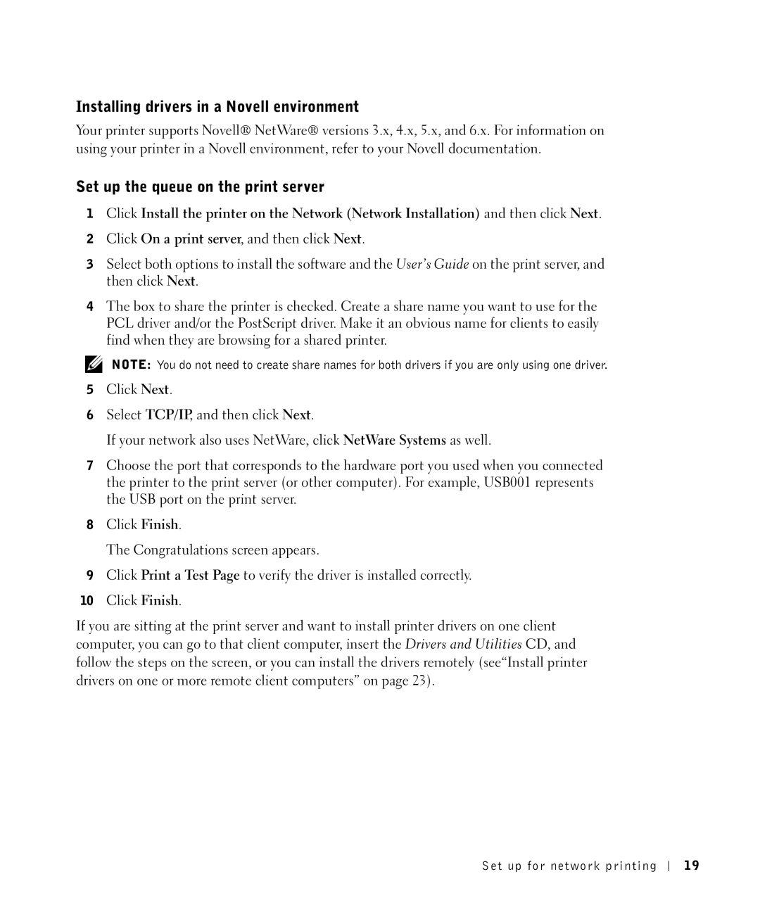 Dell W5300 owner manual Installing drivers in a Novell environment, Set up the queue on the print server 