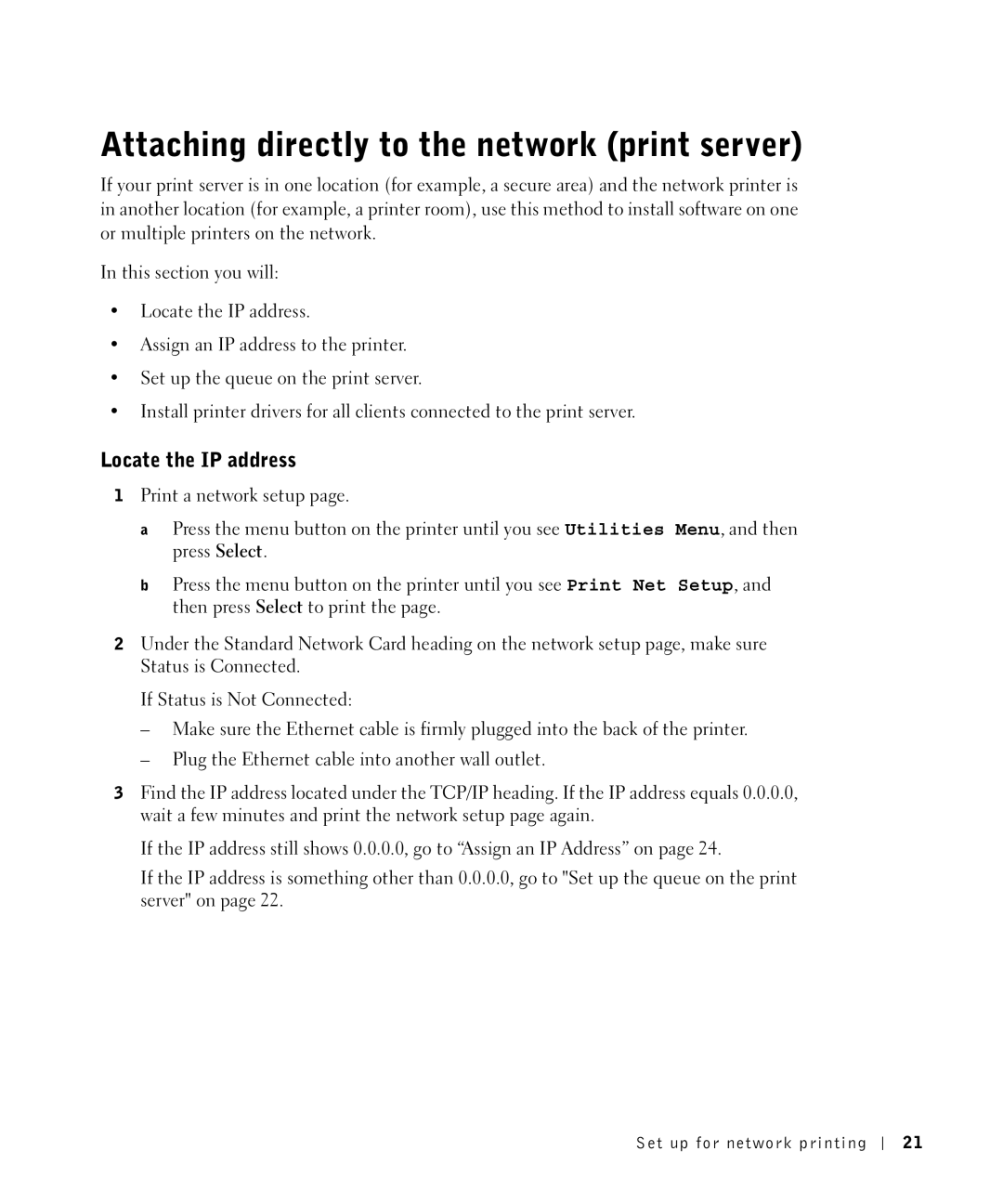 Dell W5300 owner manual Attaching directly to the network print server, Locate the IP address 