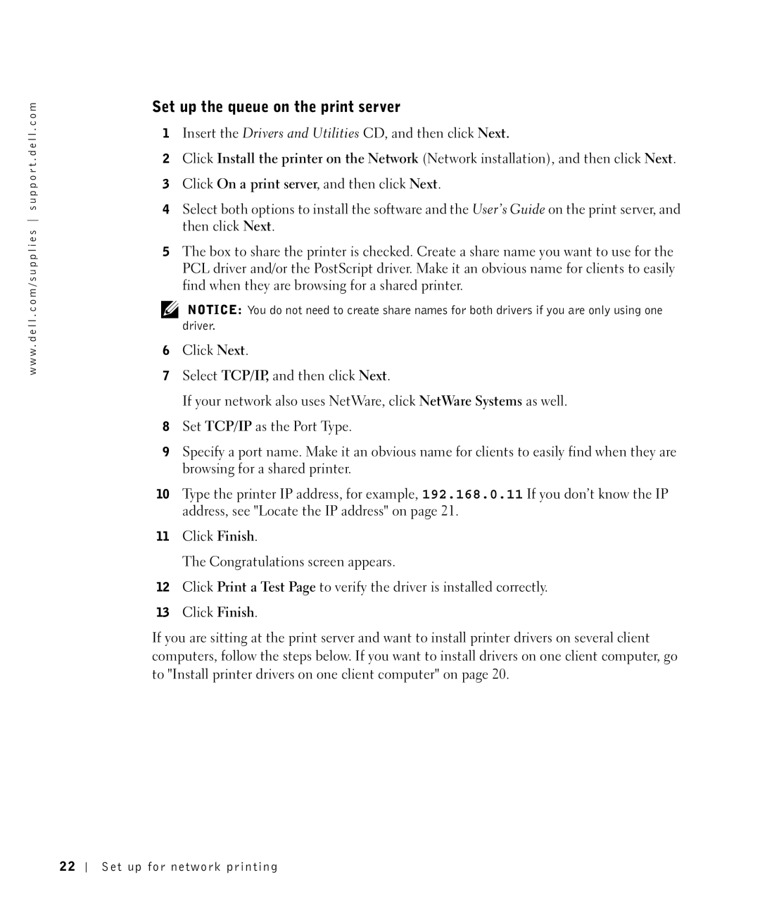 Dell W5300 owner manual Set up the queue on the print server 