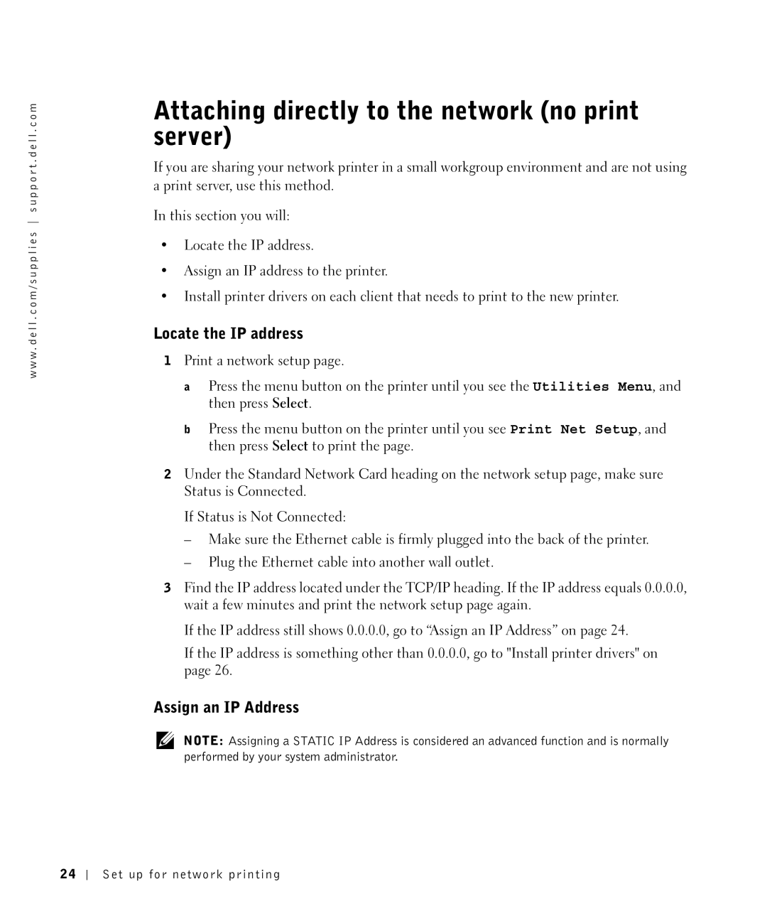 Dell W5300 owner manual Attaching directly to the network no print server, Assign an IP Address 