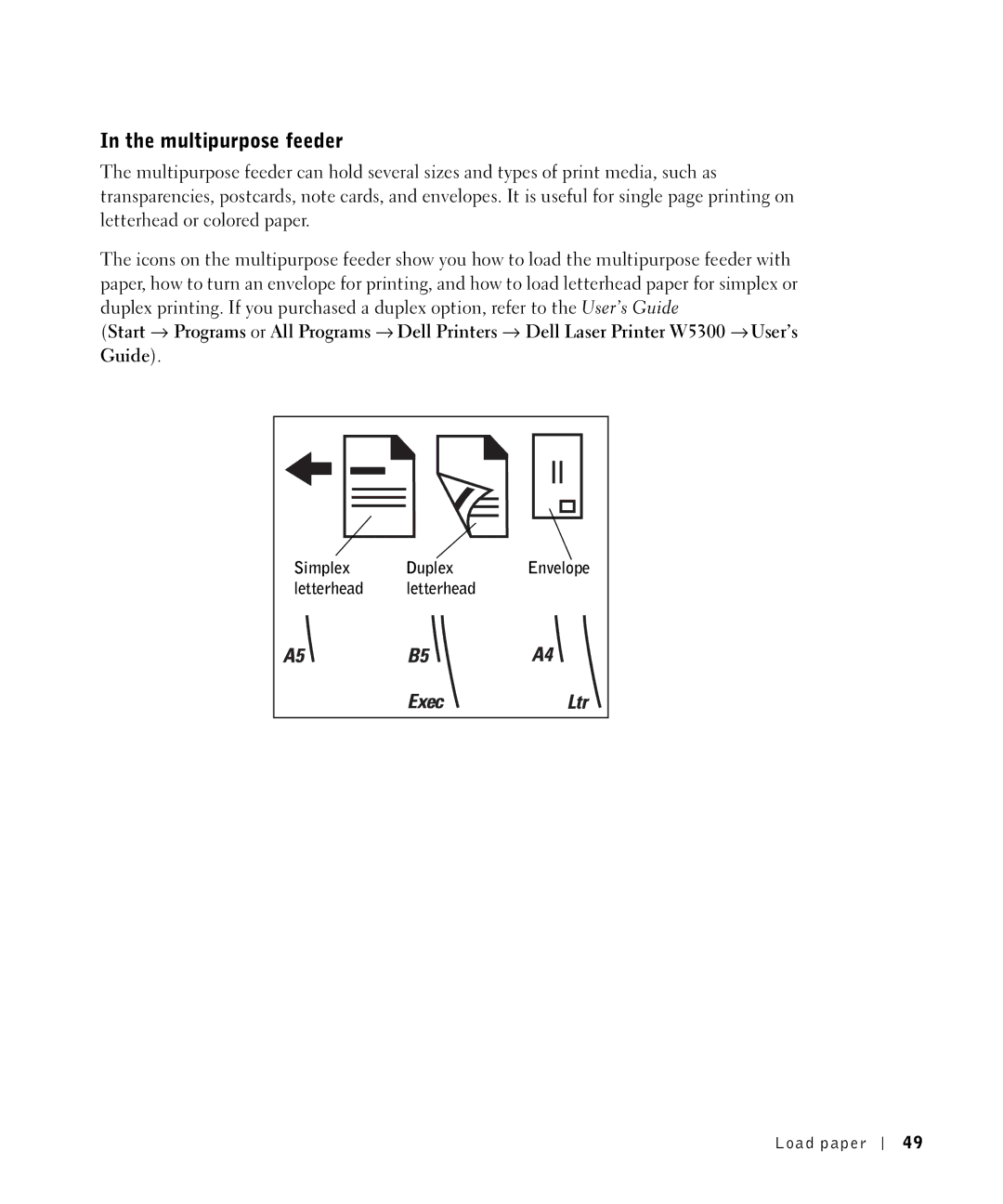 Dell W5300 owner manual Multipurpose feeder 