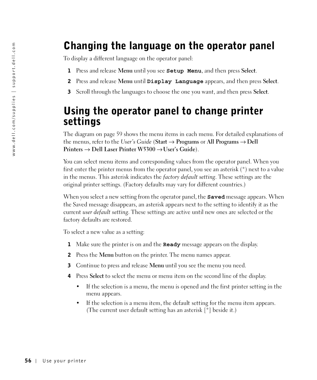 Dell W5300 owner manual Changing the language on the operator panel, Using the operator panel to change printer settings 