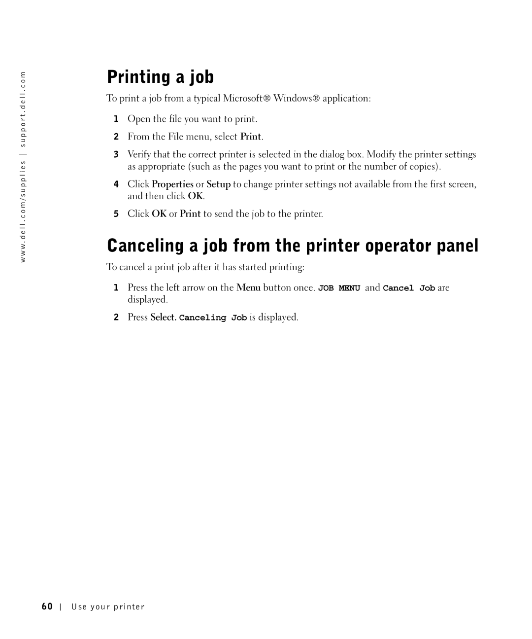 Dell W5300 owner manual Printing a job, Canceling a job from the printer operator panel 