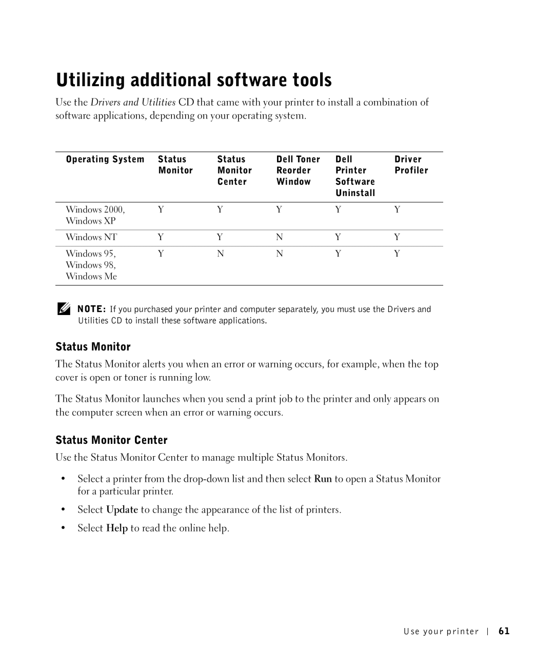 Dell W5300 owner manual Utilizing additional software tools, Status Monitor Center 