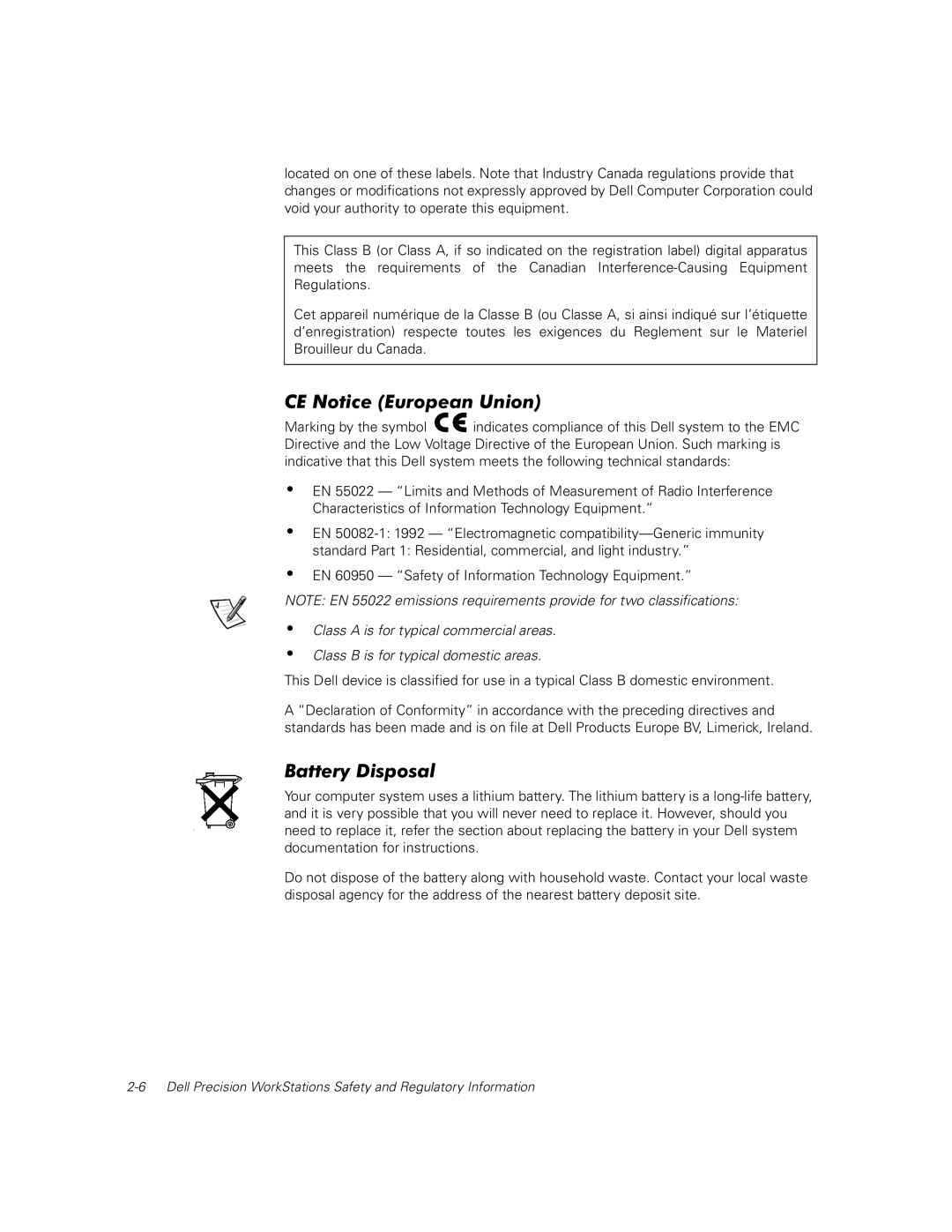 Dell WCM, WCP, MMP manual CE Notice European Union, Battery Disposal 