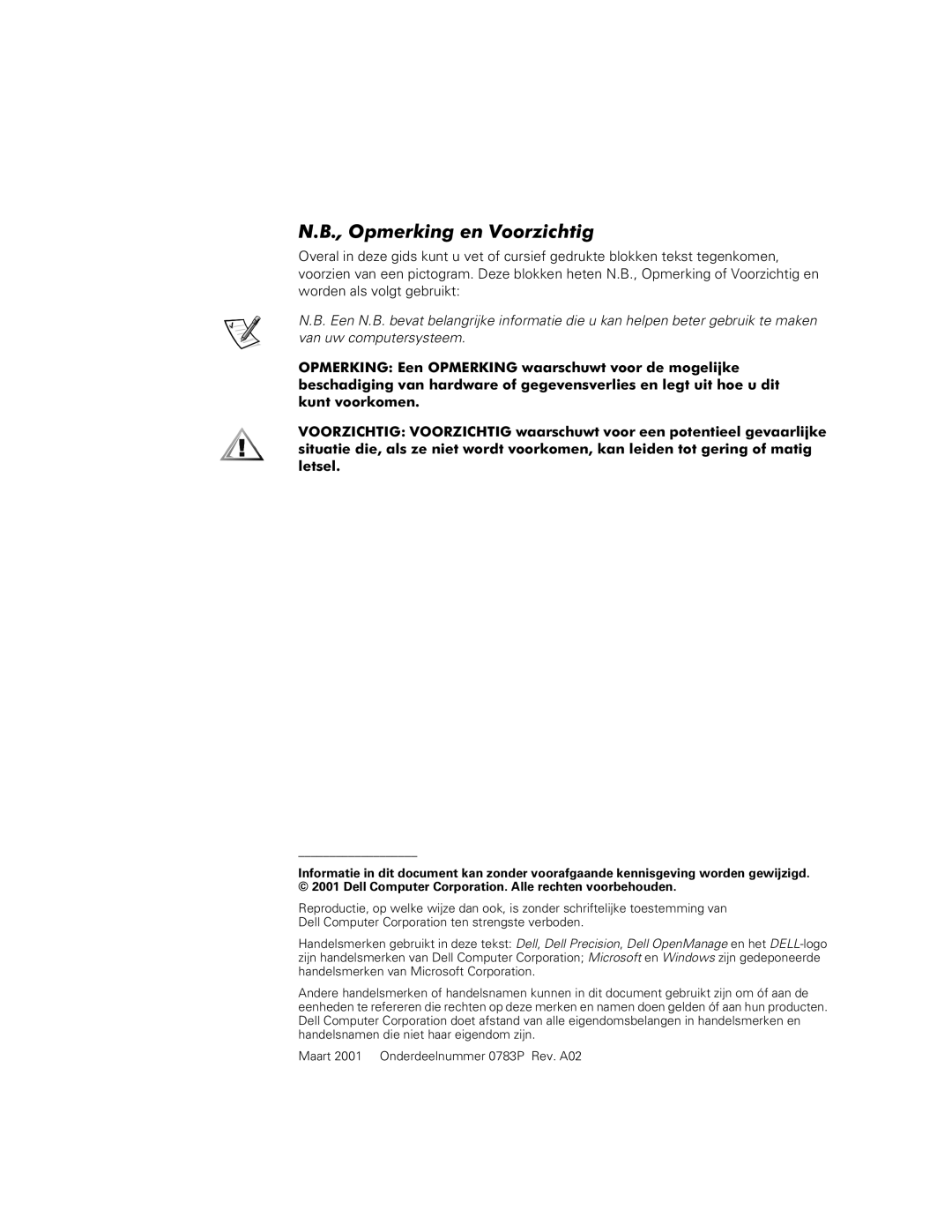 Dell MMP, WCP, WCM manual Opmerking en Voorzichtig 