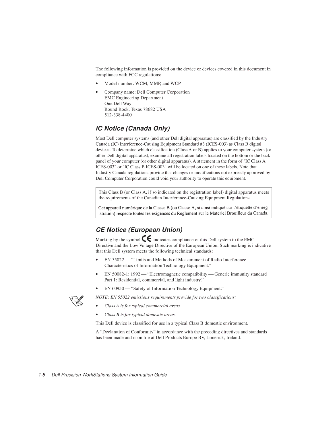 Dell WCP, WCM, MMP manual IC Notice Canada Only, CE Notice European Union 