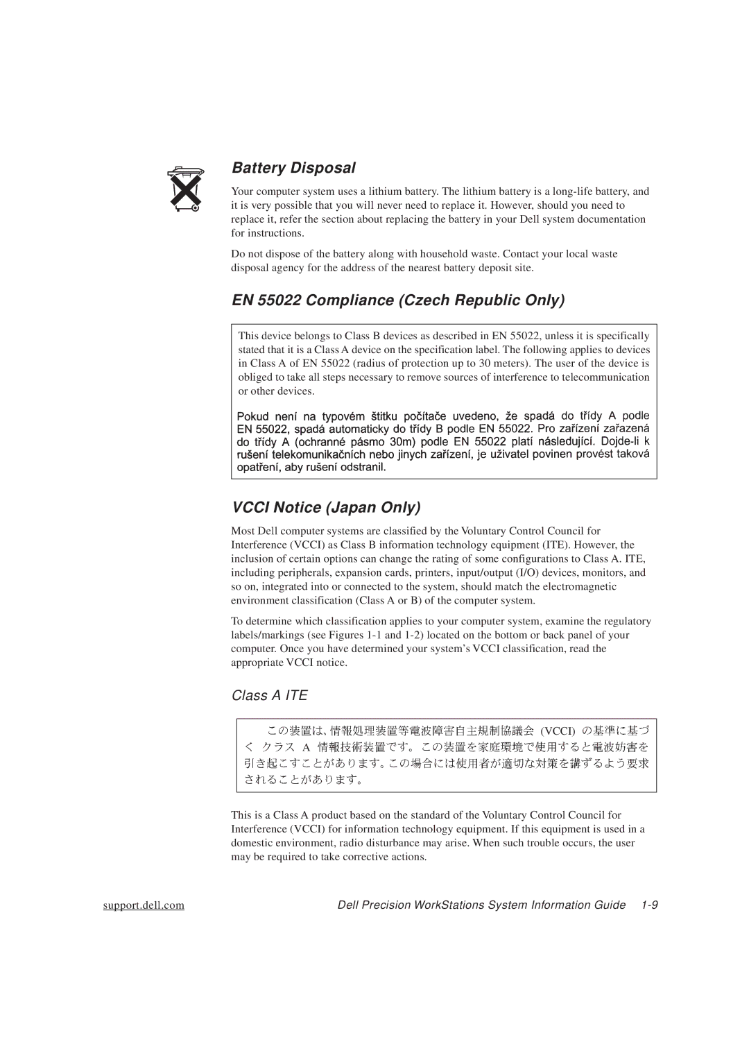 Dell WCM, WCP, MMP manual Battery Disposal, EN 55022 Compliance Czech Republic Only, Vcci Notice Japan Only 