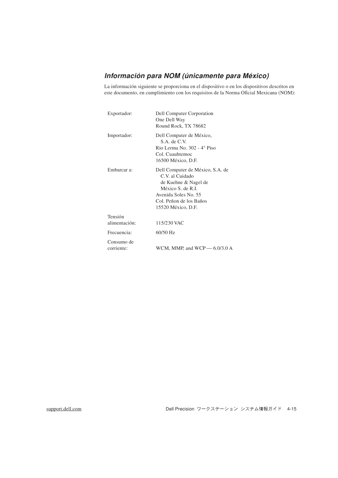 Dell WCM, WCP, MMP manual Información para NOM únicamente para México 