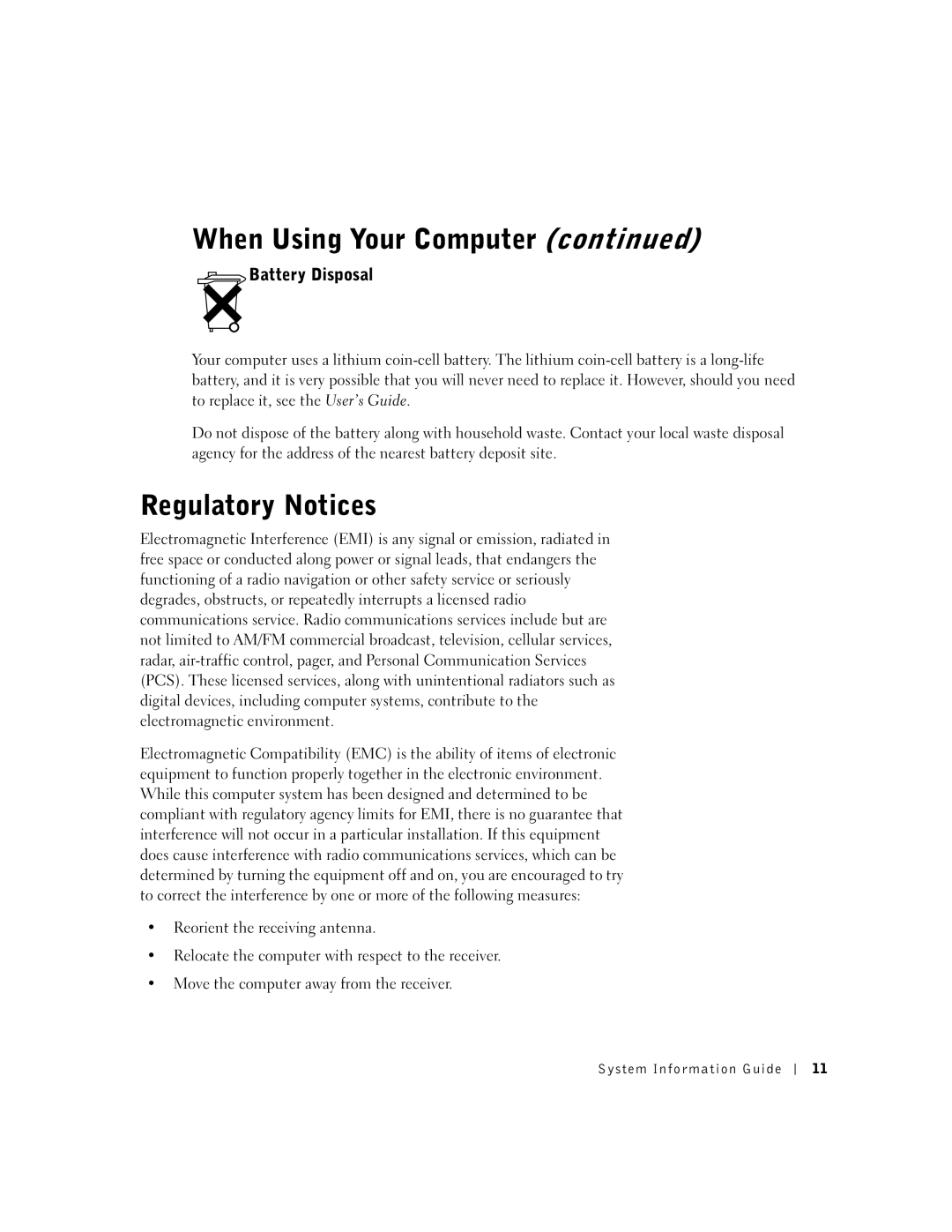 Dell WHL, and WHM, DHS, DHM manual Regulatory Notices, Battery Disposal 