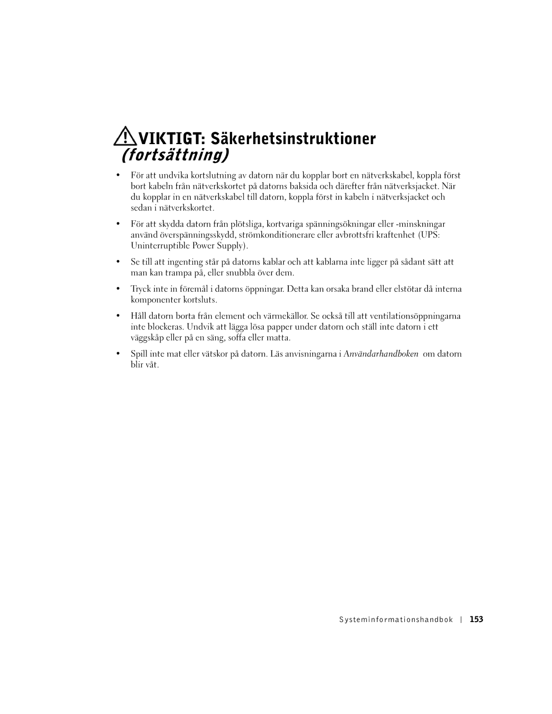 Dell DHS, WHL, and WHM, DHM manual Viktigt Säkerhetsinstruktioner Fortsättning 