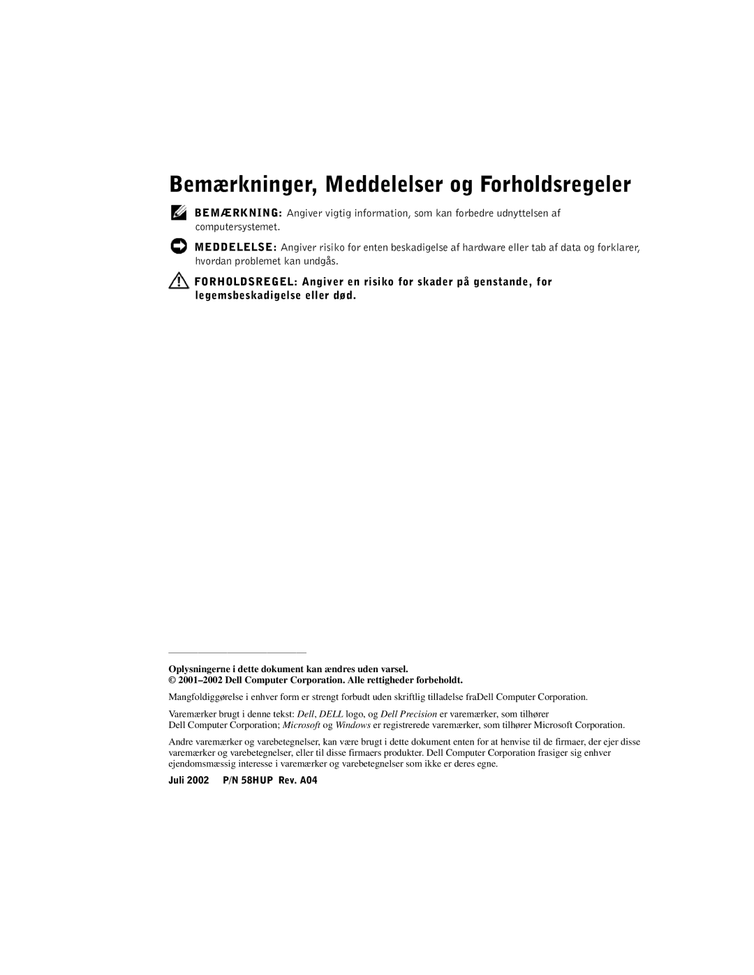 Dell DHM, WHL, and WHM, DHS manual Bemærkninger, Meddelelser og Forholdsregeler 